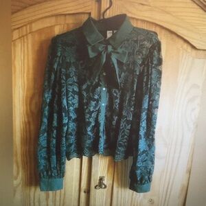 ANTHROPOLOGIE-DOLAN/“LEFT COAST”FOREST GREEN SHEER LACE BLOUSE/NEW